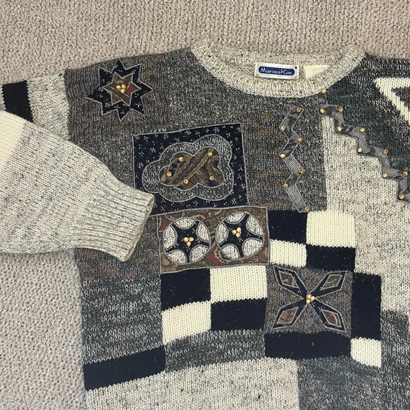 Vintage 90s Mariea Kim embroidered wool blend sweater grey women’s size M medium - Picture 6 of 9